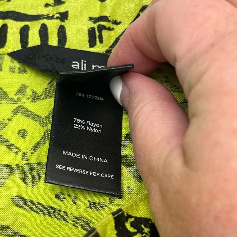 Ali Miles Geometric Green‎ Black Top Wire Collar Womens XL Button Front *FLAW